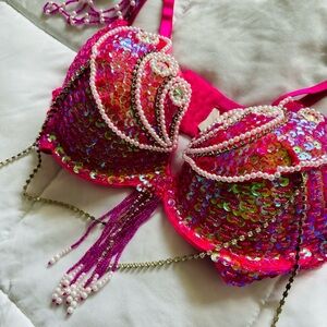 Pink Sequence Bra Top 36D Pearls Sparkle